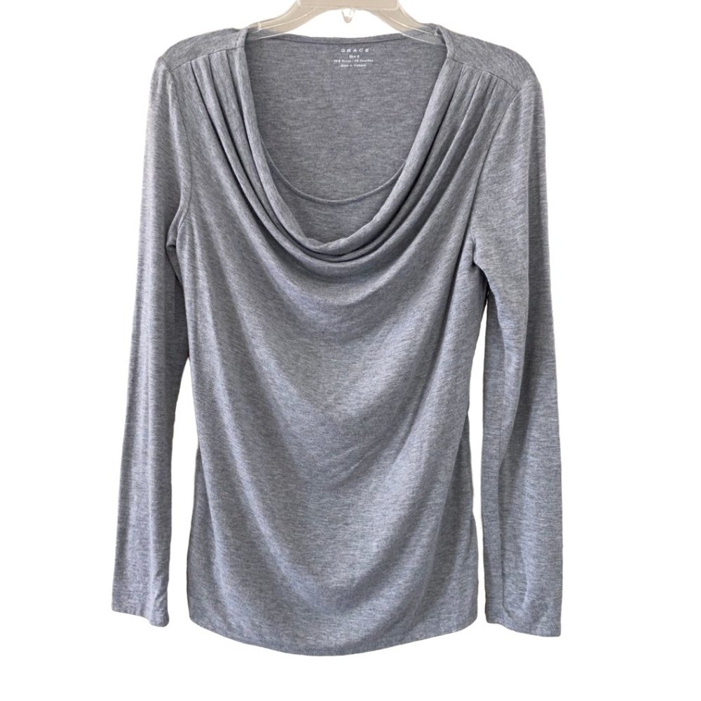 GRACE Gray Long Sleeve Drape Front Top